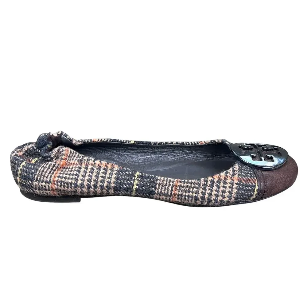 Tory Burch Plaid Tweed Leather Cap Toe Minnie Travel Ballet Flats Size 6.5